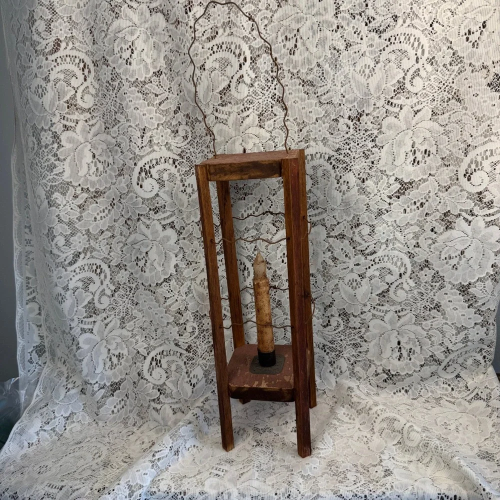 Primitive Wood and Wire Lantern with Faux Taper Candle Rustic Folk Art Farmhouse